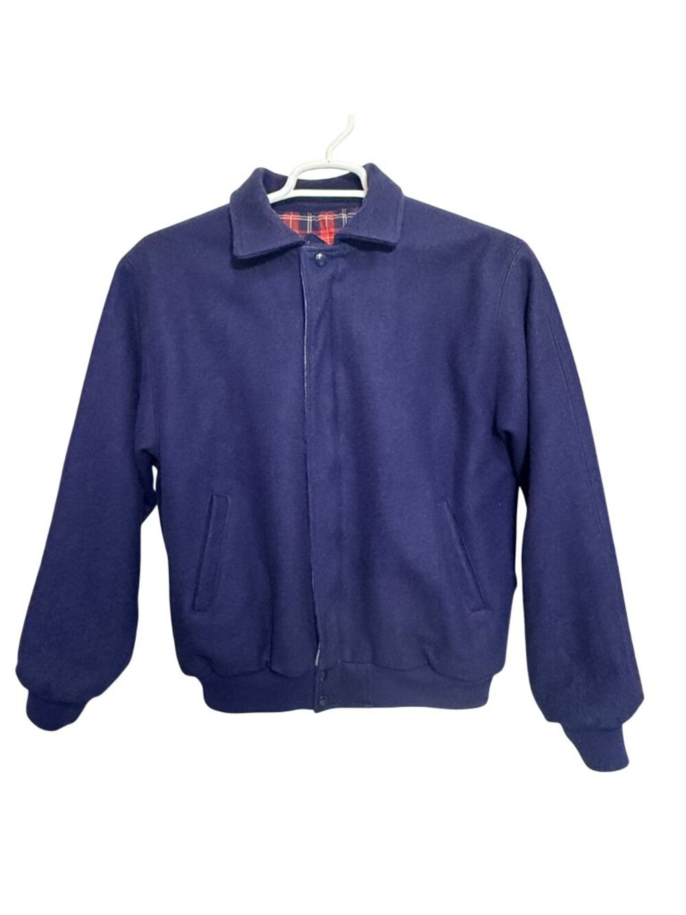 Hartwell ViaSport Bomber Jacket Mens L Navy Wool Blend Plaid Lined Ribbed Hem